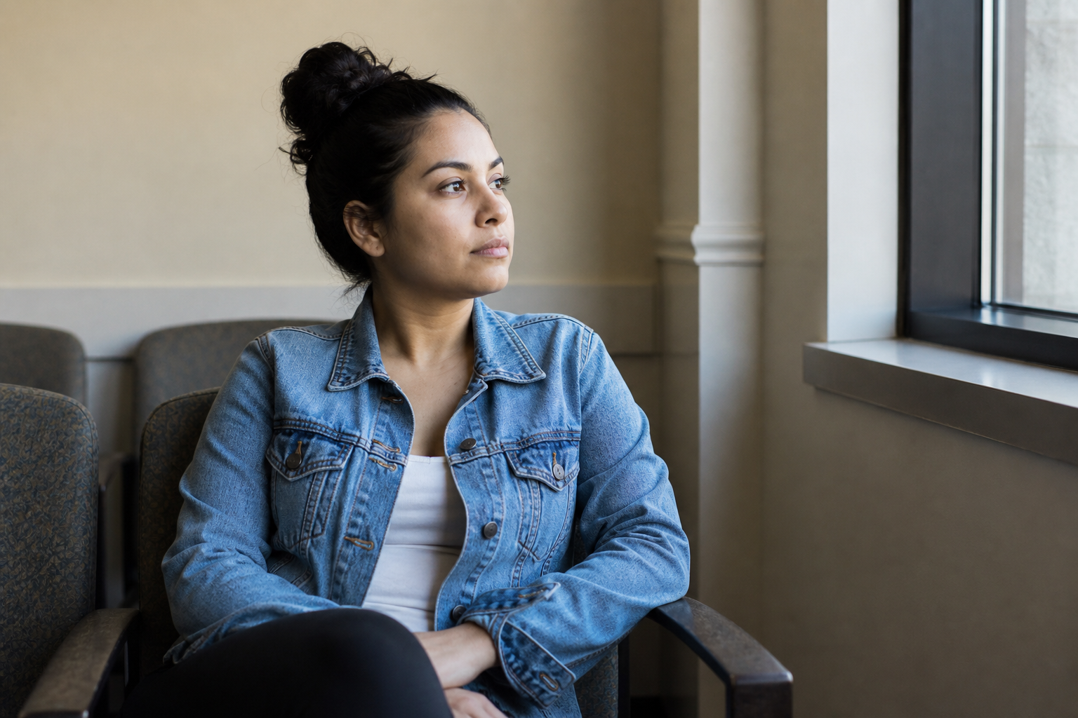Pensive woman in a waiting-room chair looking toward a window, calm — not sad